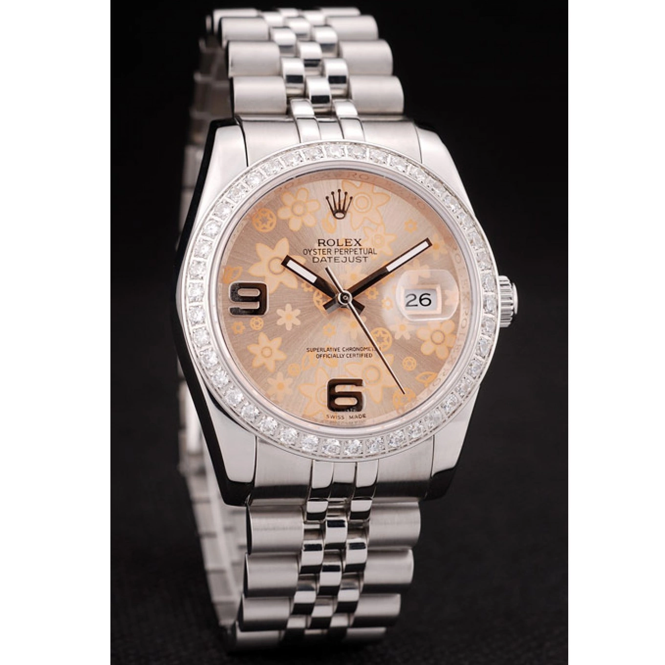 Aaa replica watch Stainless Diamonds Case Orange Flowers Plated Dial DateJust Steel Rolex Brushed 0622